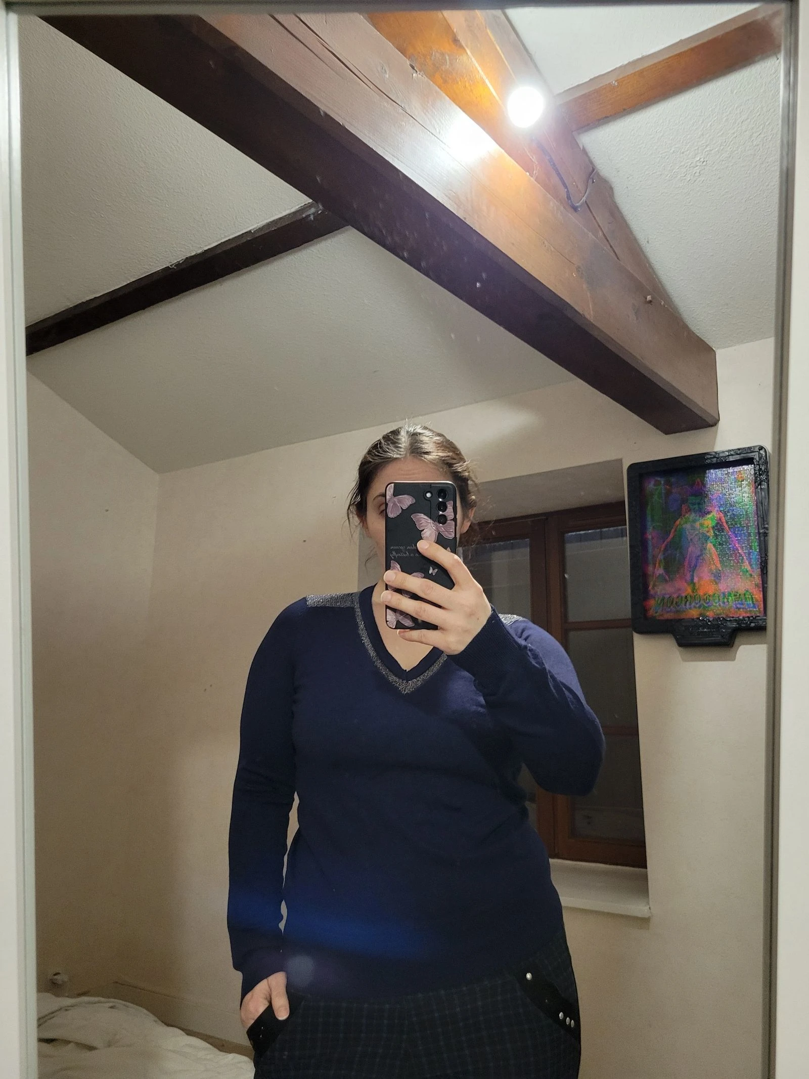 Pull col V bleu marine naf naf – Détails lurex argenté – Taille S-M